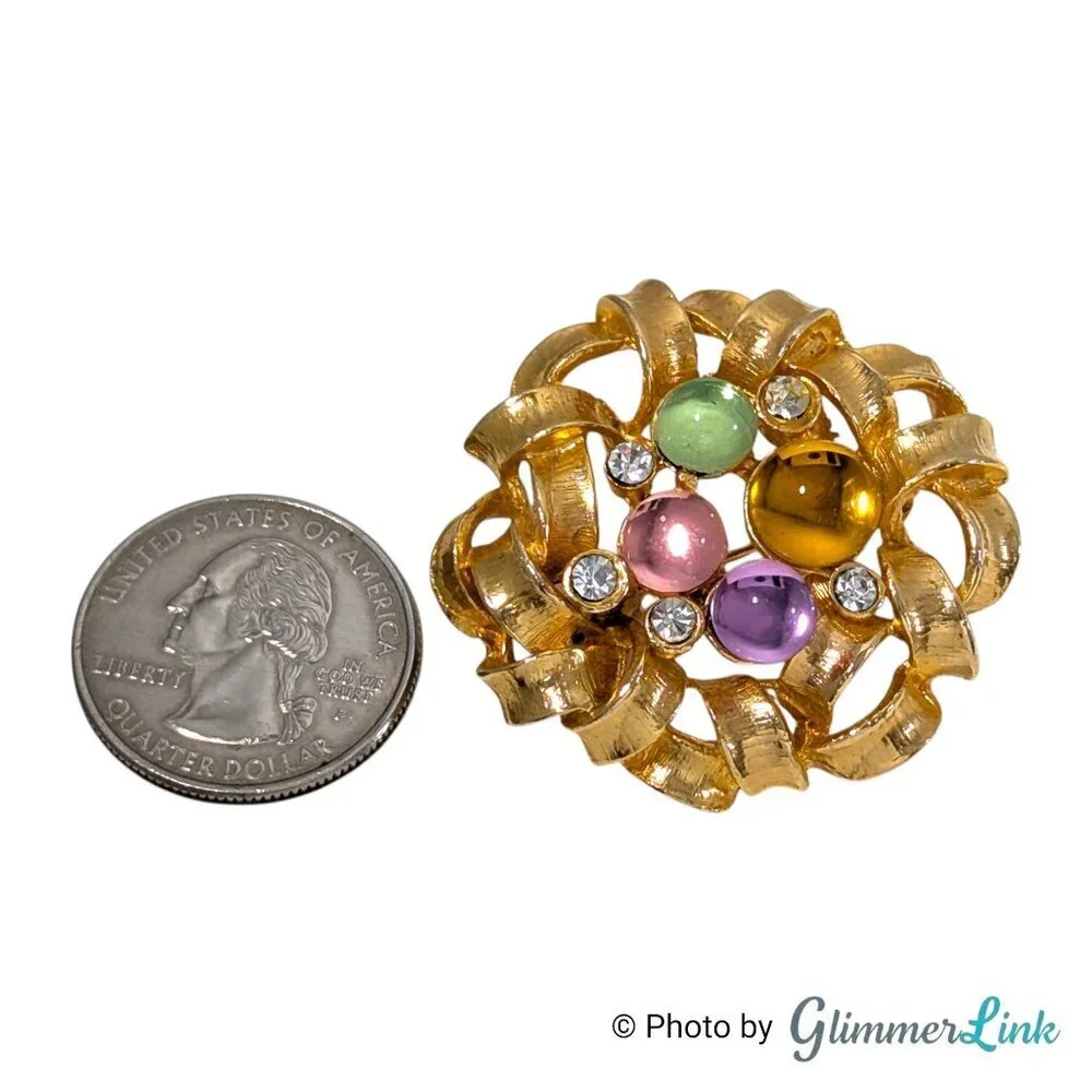 Vintage Pastel Cabochon Ribbon Brooch Gold Tone Multicolor Pin